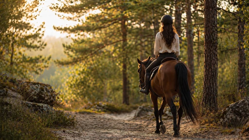 Balade équestre en forêt de Fontainebleau avec cavalière et cheval dans un cadre naturel.